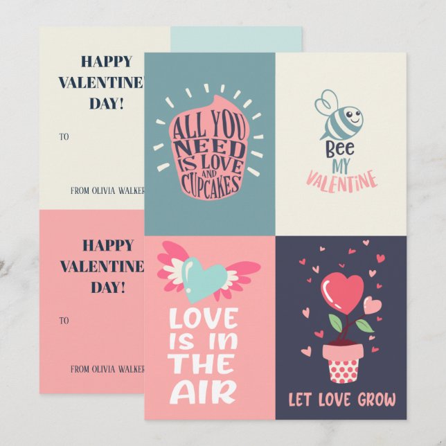 4 In 1 Personalised Kids Classroom Valentine's Holiday Card (Front/Back)