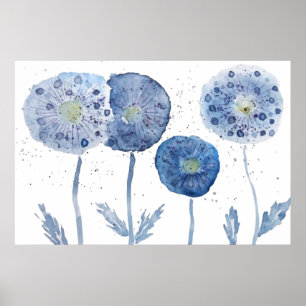 4 indigo abstract dandelion painting poster