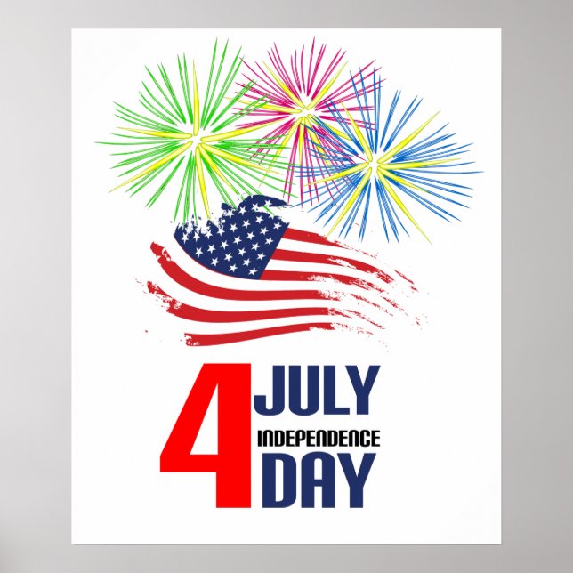 4 July - Independence Day with Flag and Fireworks Poster (Front)