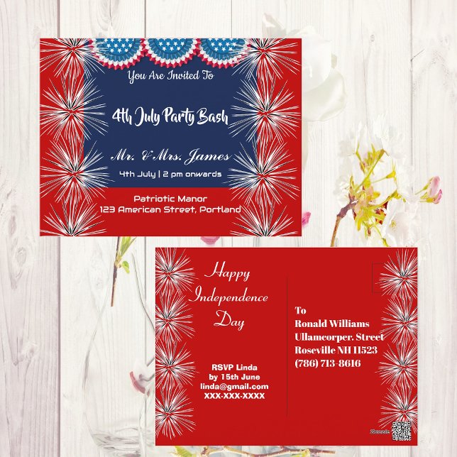 4 July Patriotic Firecracker Party Bash Invitation Postcard (4 July Patriotic Firecracker Party Bash Invitation Postcard)