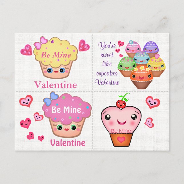 4 Kawaii Cupcake Valentines Cards (Front)