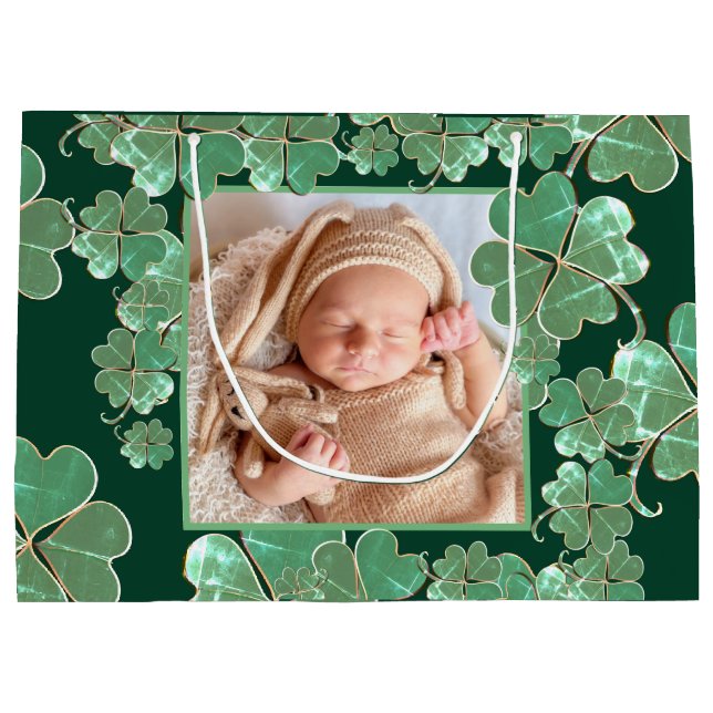 4 Leaf Clover Frame +Photo Forest Green Large Gift Bag (Back)