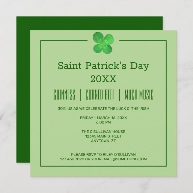 4 Leaf Clover Irish Shamrock St Patricks Day Invitation (Front/Back)