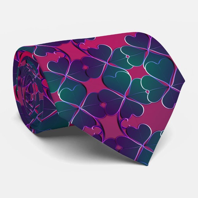 4 Leaf Clover Teal Smoke on Fuschia  Tie (Rolled)