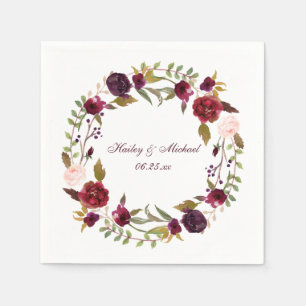 #4 Marsala Burgundy White Roses Leaves Wreath Napkin