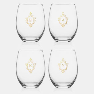 4 Monogram Initials Vintage Faux Gold Foil Crests Stemless Wine Glass