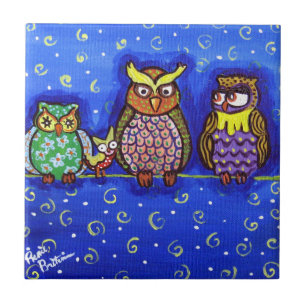 4 Owls on Wire Whimsical Folk Art Tile