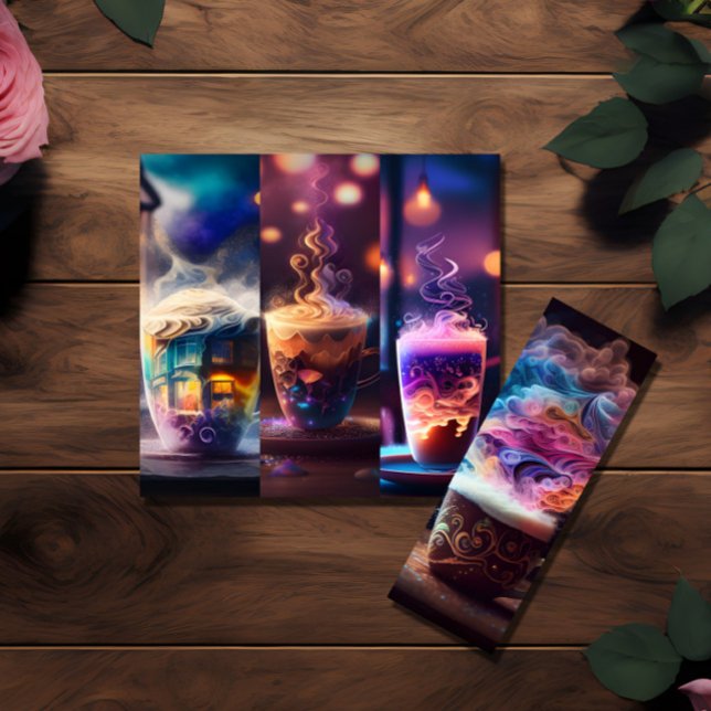 4 Pack Psychedelic Coffee Bookmarks (to re-sell?)  Invitation (Image shows four bookmarks with a psychedelic coffee theme lying on a wooden table.
)