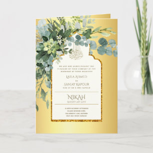 4 Page GOLD GREENERY Islamic NIKAH WALIMA Wedding  Card