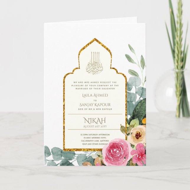 4 Page NIKAH WALIMA Invite Pink Floral Islamic Wed (Front)
