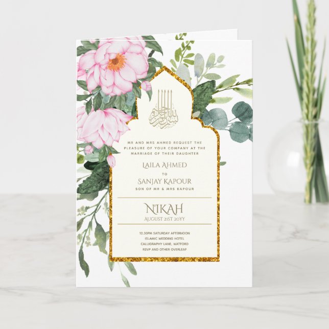 4 Page NIKAH WALIMA Invite Pink Floral Islamic Wed (Front)