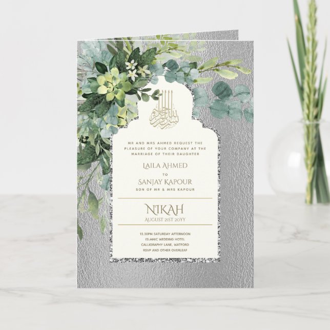 4 Page Silver GREENERY Islamic NIKAH WALIMA Invite (Front)