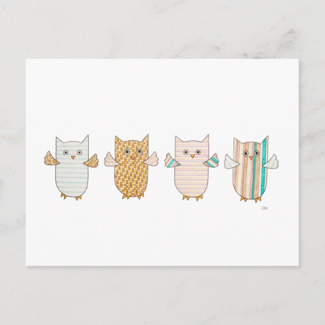 4 Pastel Owls Flying Postcard (Front)
