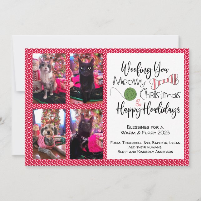4 Pet Photo, Woofing, Meowy, Howliday  Holiday Card (Front)