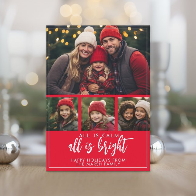 4 Photo - All is Calm Bright Script Red Christmas Holiday Card (Photo Christmas Card)