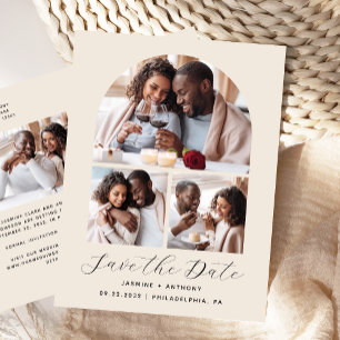 4-Photo Arch Collage Beige Save the Date Postcard