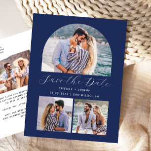 4 Photo Arch Navy Blue Save the Date Postcard