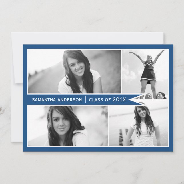 4 Photo Banner Graduation Invitation - Blue (Front)