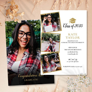 4 Photo Black And Gold Graduation Party Invitation