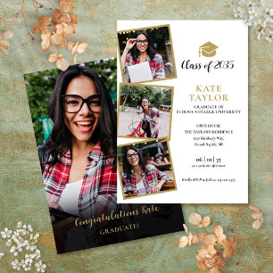 4 Photo Black And Gold Graduation Party Invitation