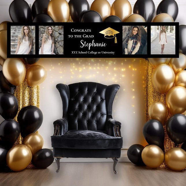 4 Photo Black Gold Congrats Graduate Name School Banner (Elegant Black and Gold Tone 4 Photo "Congrats to the Grad" Graduation Party Banner)