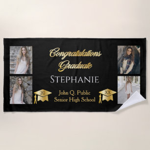 4 Photo Black Gold Congrats Graduate Name School Beach Towel