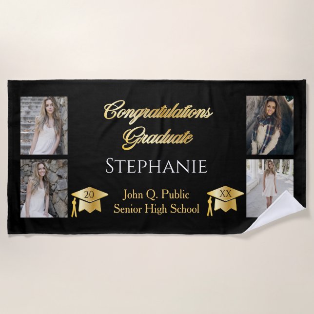 4 Photo Black Gold Congrats Graduate Name School Beach Towel (Front)