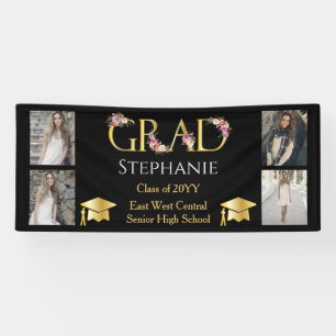 4 Photo Black Gold Floral GRAD Name School Banner