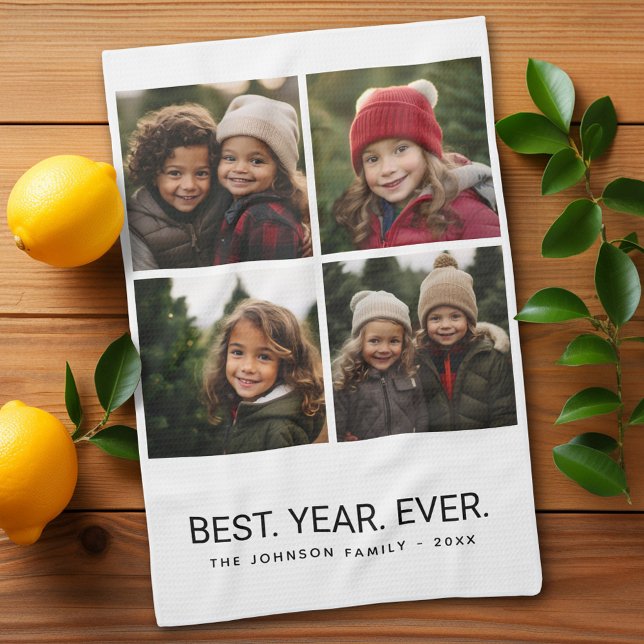 4 Photo Black White Minimalist - Best Year Ever Tea Towel (Personalized Kitchen Towel with photos and text - Makes a great gift)