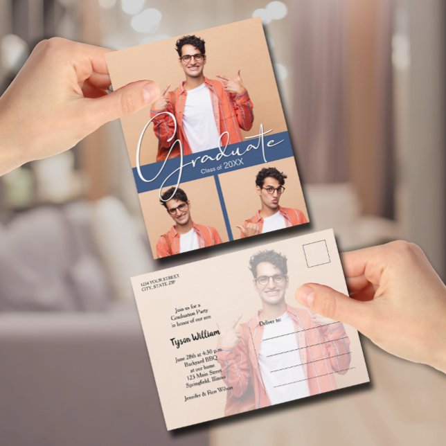 4 Photo Blue Graduation Party Invitation Postcard (4 Photo Blue Graduation Party Invitation Postcard)