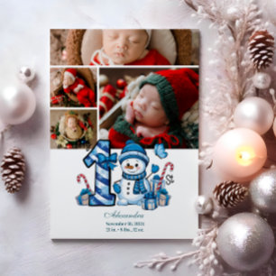 4 Photo Blue Snowman First Christmas Holiday Card