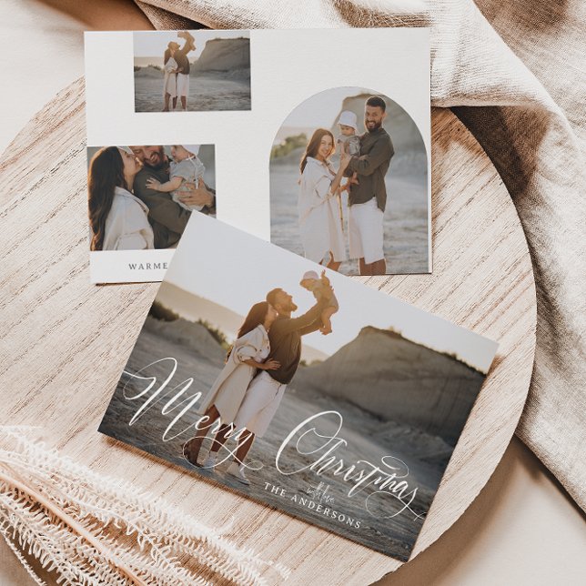 4 Photo Boho Arch Handwritten Script Holiday Photo Card (Creator Uploaded)