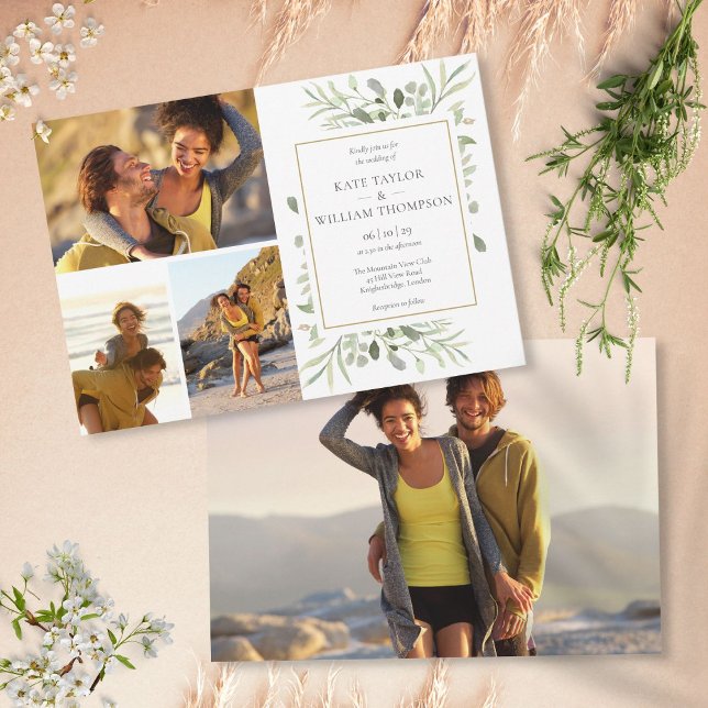 4 Photo Botanical Greenery Leaves Wedding Invitation (4 Photo Botanical Greenery Leaves Wedding Invitation)