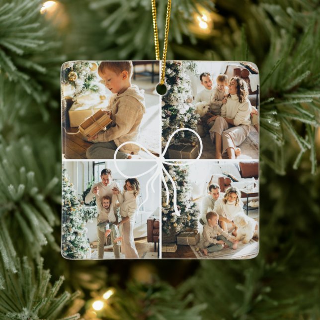 4 Photo Bow Wrap Christmas Family Keepsake Ceramic Ornament (Tree)