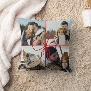 4 Photo Bow Wrap Christmas Newlyweds Modern Cushion