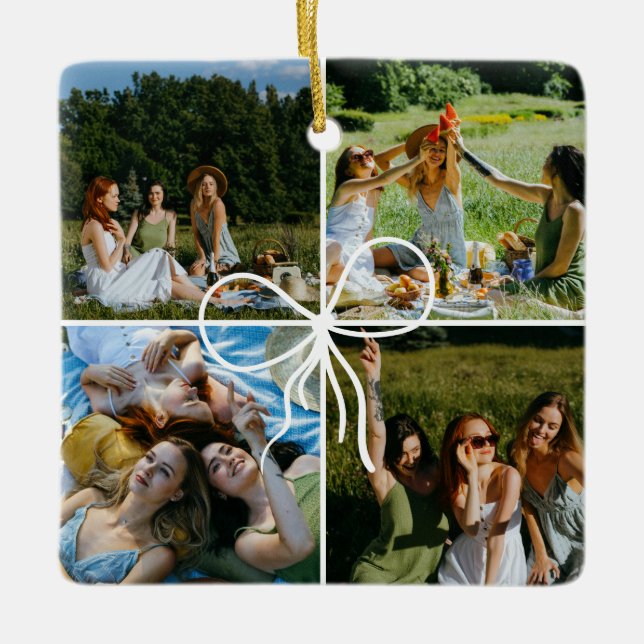 4 Photo Bow Wrap Christmas Present Best Friend Ceramic Ornament (Front)