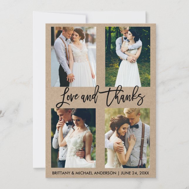 4 Photo Brush Script Love Thanks Wedding Kraft Thank You Card (Front)