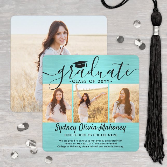 4 Photo Brushed Teal Blue Black Modern Graduation Announcement (Creator Uploaded)