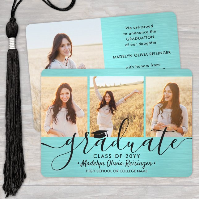 4 Photo Brushed Teal Blue Black Simple Graduation Announcement (Creator Uploaded)