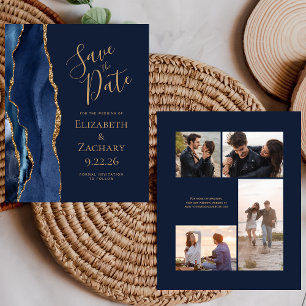 4-Photo Budget Navy Gold Agate Save the Date