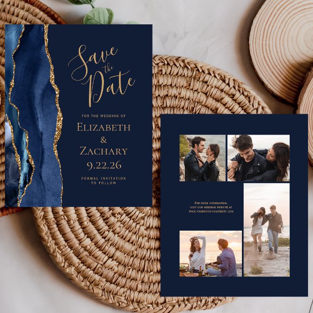 4-Photo Budget Navy Gold Agate Save the Date (Creator Uploaded)