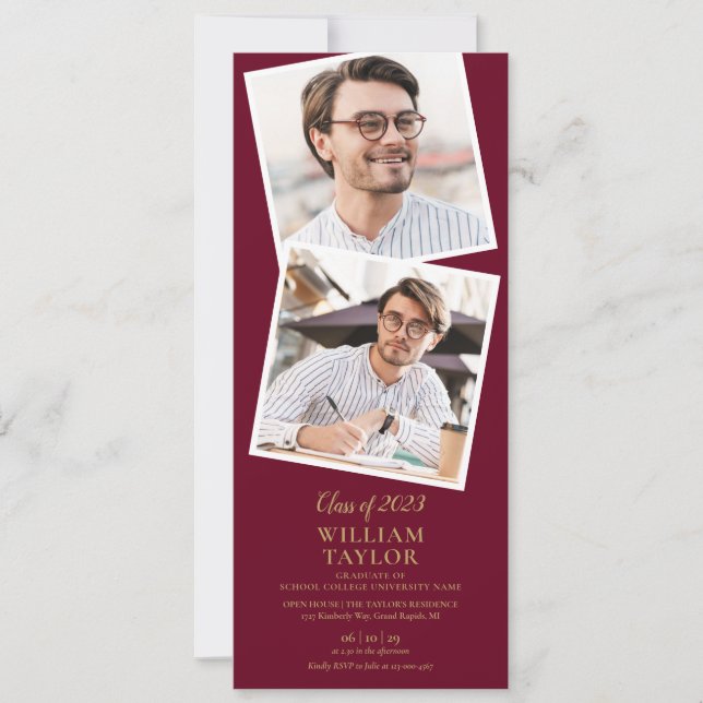 4 Photo Burgundy And Gold Graduation Party Invitation (Front)