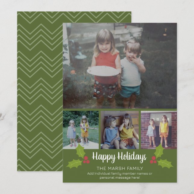 4 Photo Christmas Collage - Retro Holly Holiday Card (Front/Back)