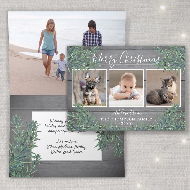 4 Photo Christmas Greenery & Grey Wood Folded Holiday Card (Creator Uploaded)