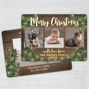 4 Photo Christmas Greenery, Rustic Wood & Lights Foil Holiday Card