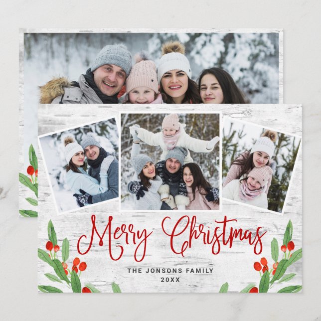 4 PHOTO Christmas Rustic Birch Bark Greeting Holiday Card (Front/Back)