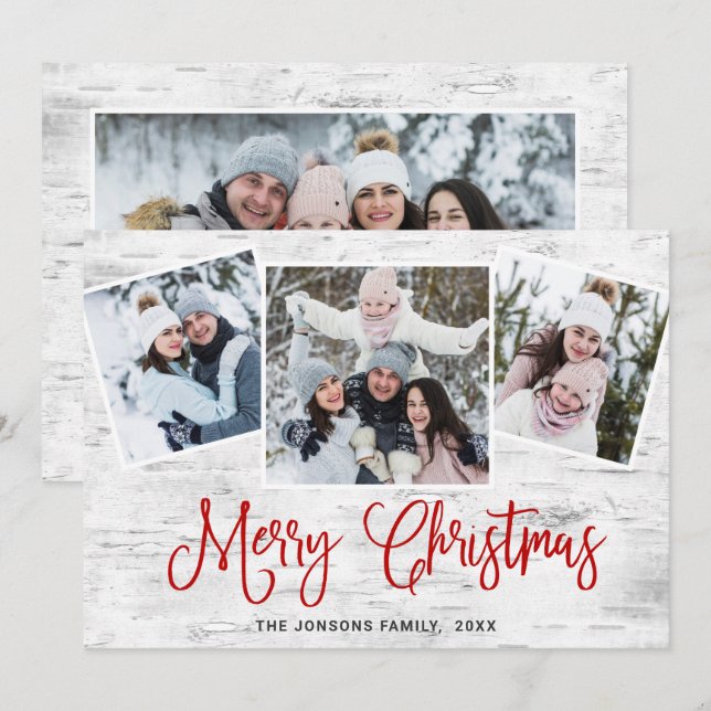 4 PHOTO Christmas Rustic Birch Bark Greeting Holiday Card (Front/Back)