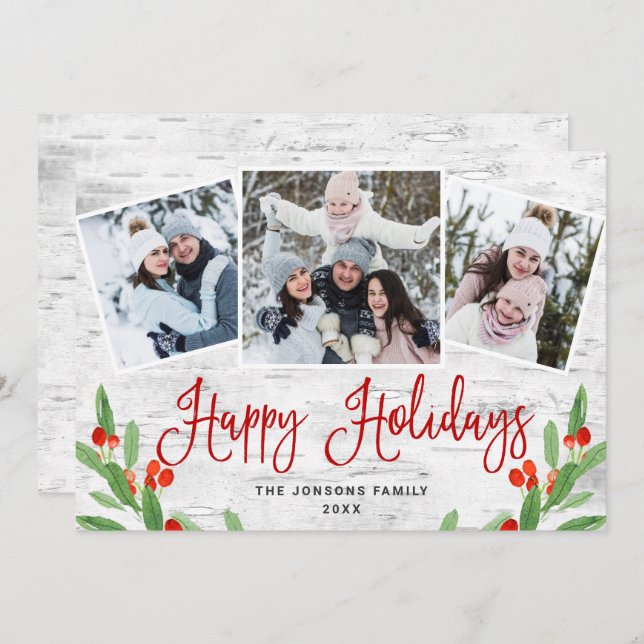 4 PHOTO Christmas Rustic Birch Bark Greeting Holiday Card (Front/Back)