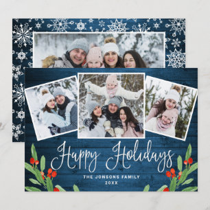 4 PHOTO Christmas Rustic Blue Wood Greeting Holiday Card