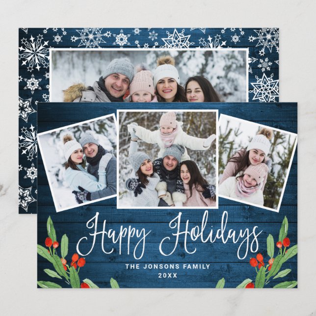 4 PHOTO Christmas Rustic Blue Wood Greeting Holiday Card (Front/Back)